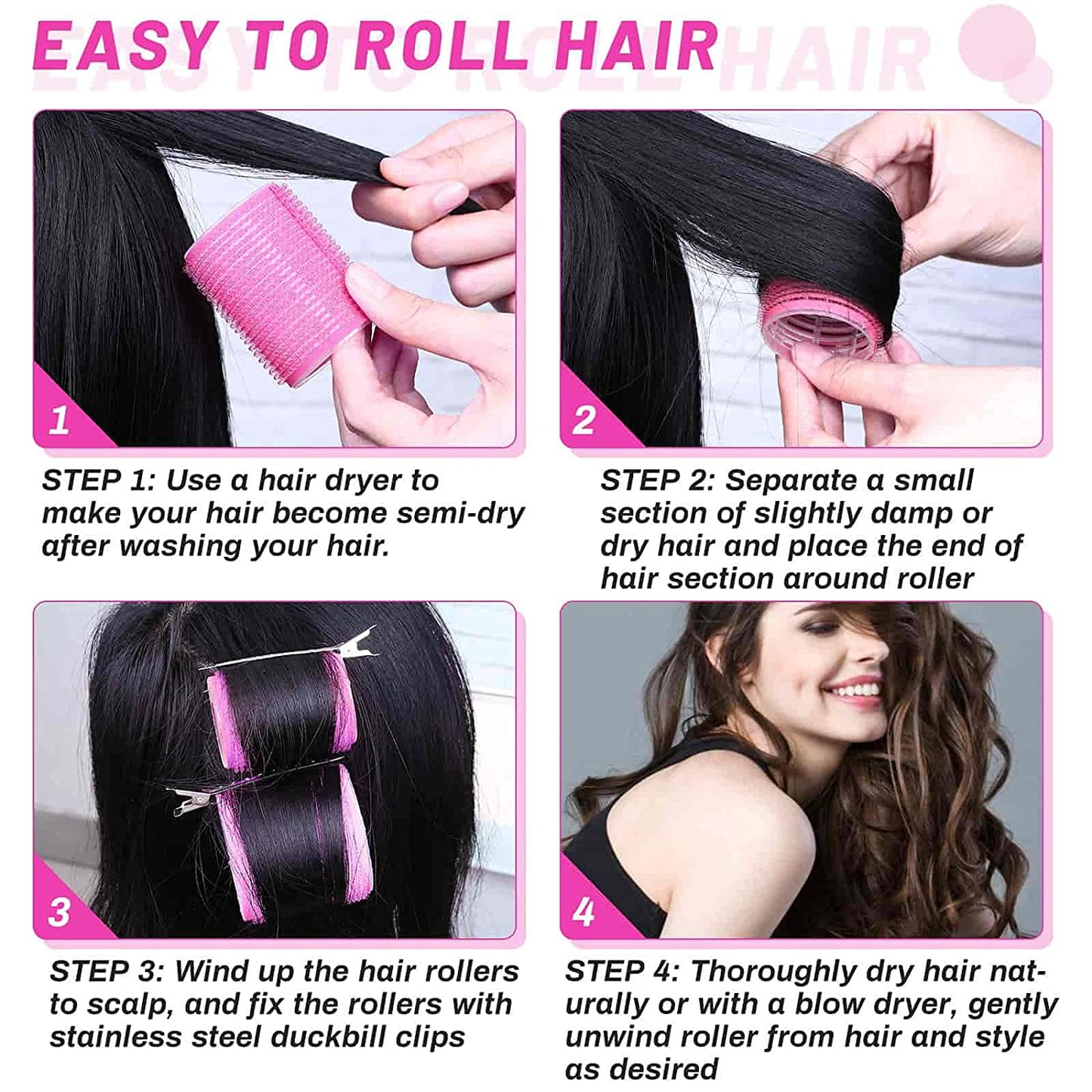 Self Grip Hair Curler Roller 24 Piece Set (12 Large, 12 Small) - Pink