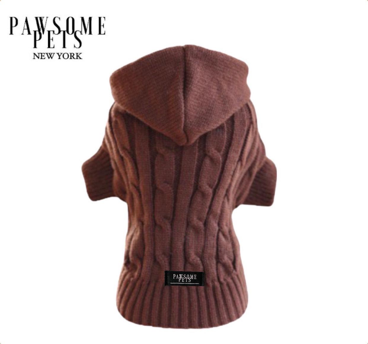 (Extra Warm) Dog and Cat Cable Knit Sweater With Hat Brown